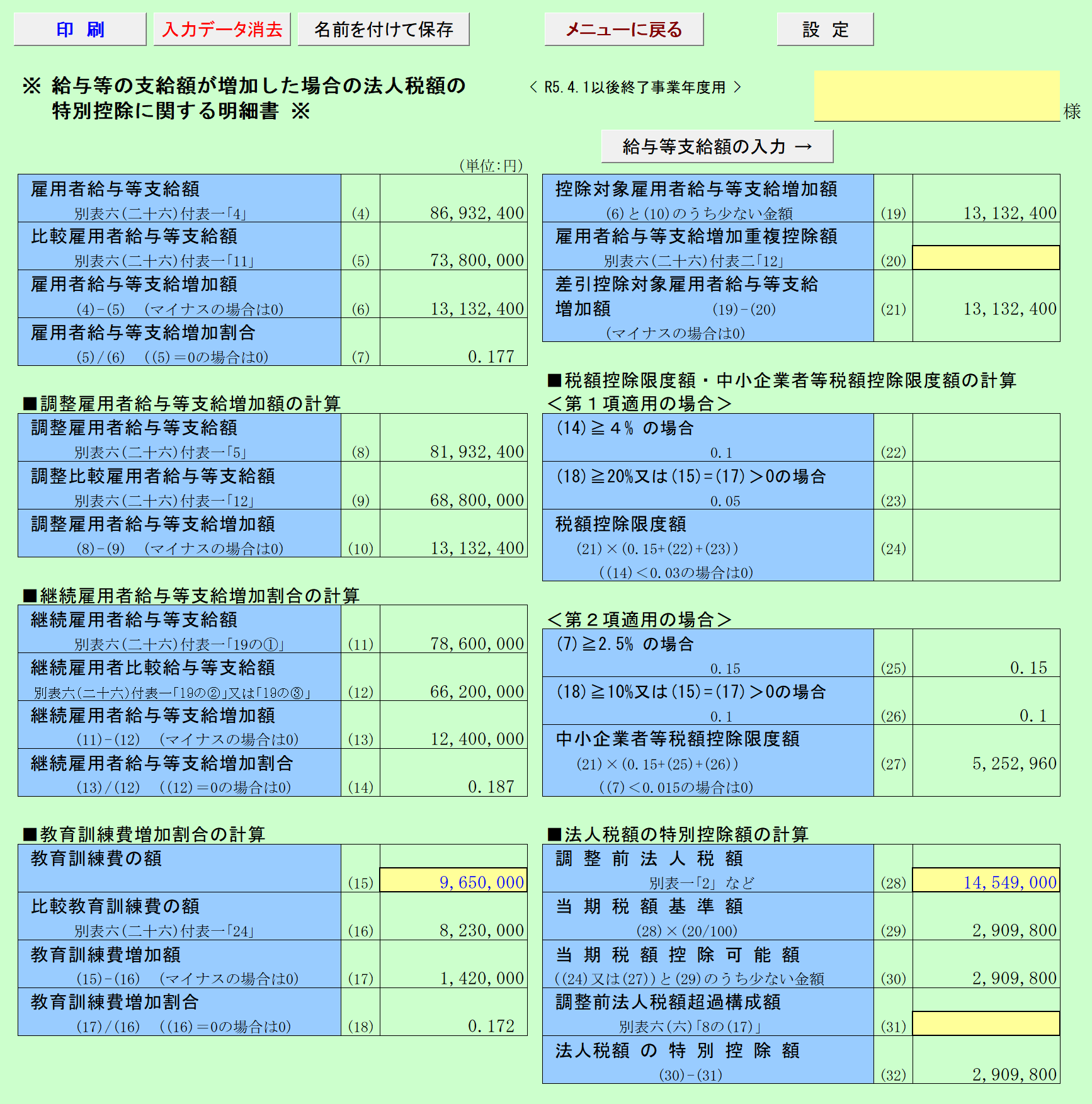 給与等の引上げを行った場合の特別控除の明細書