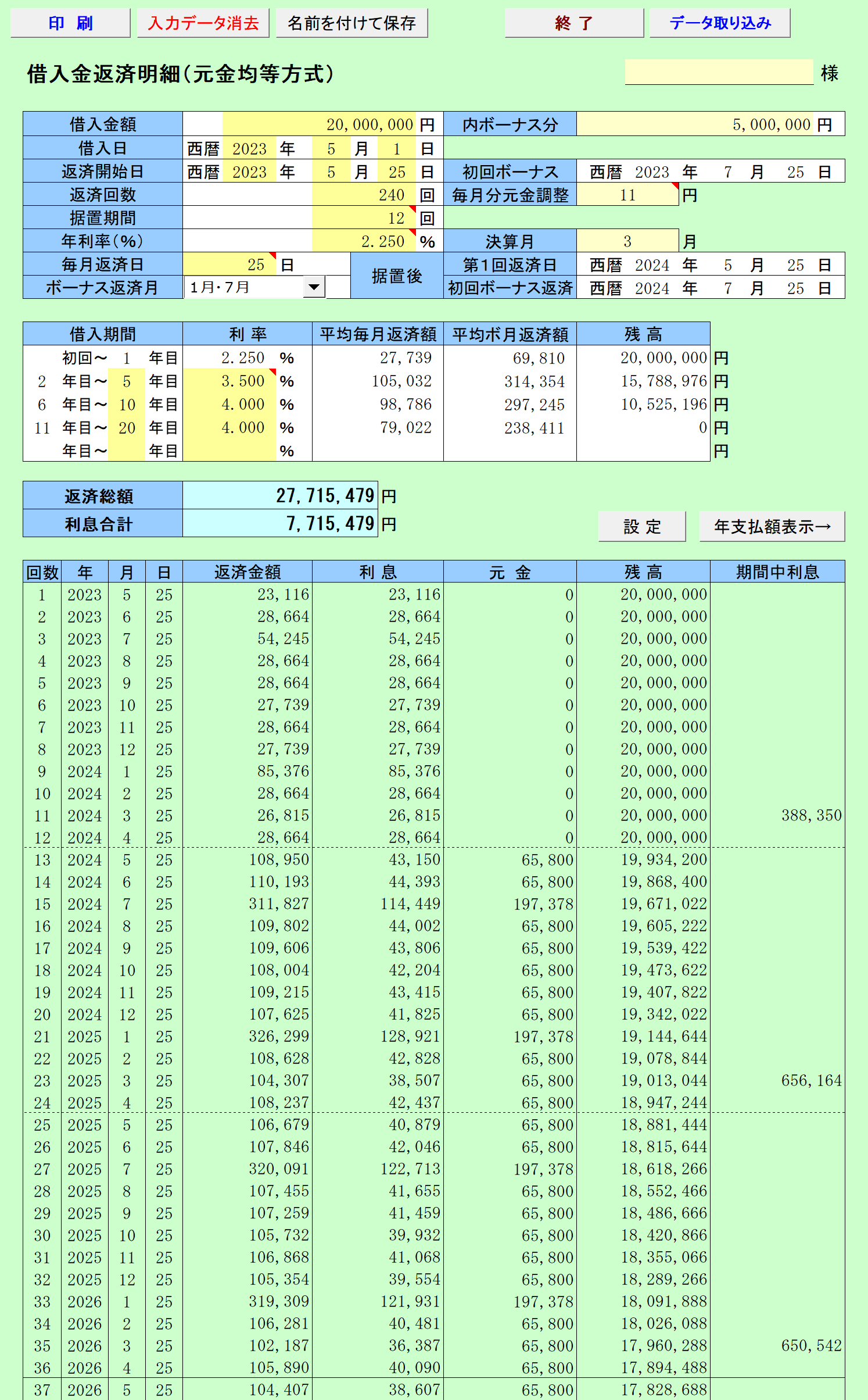 元金均等方式 入力シート