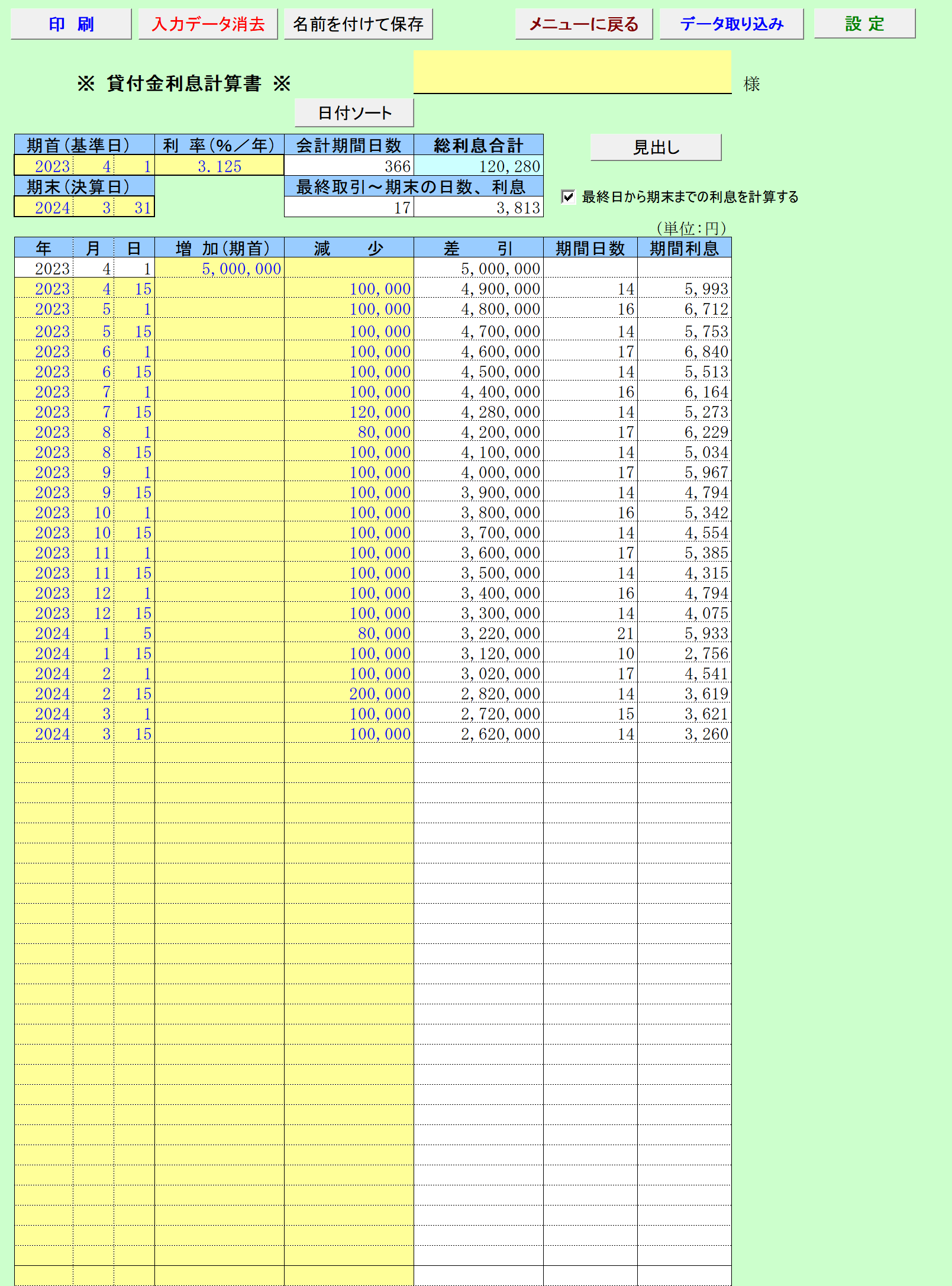 貸付金利息計算書