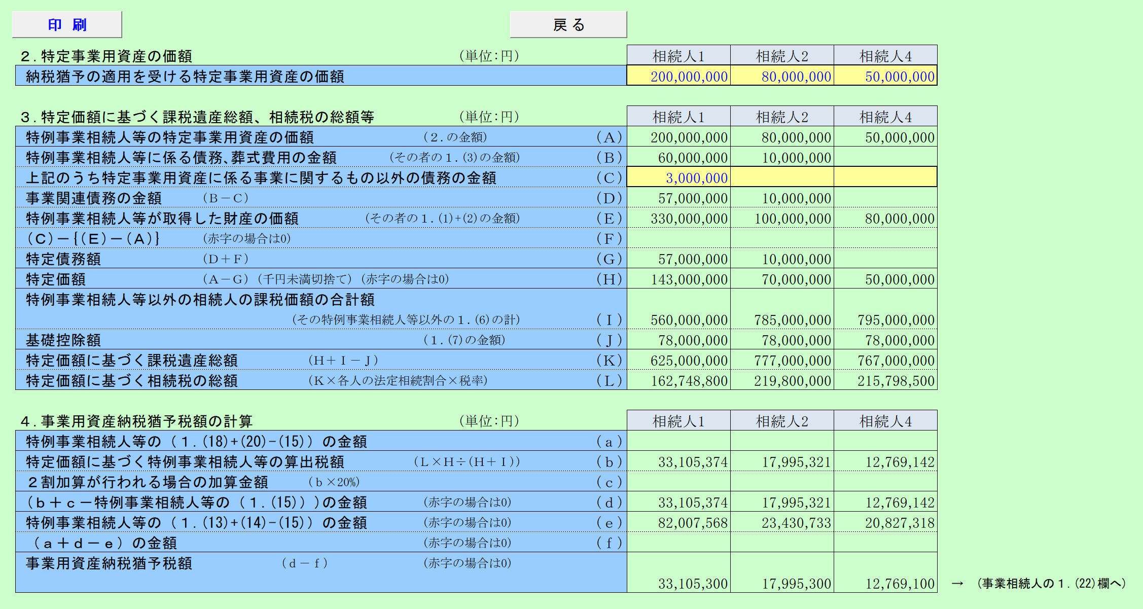 自社株の相続税の納税猶予税額の試算 個人事業用資産の納税猶予 計算結果