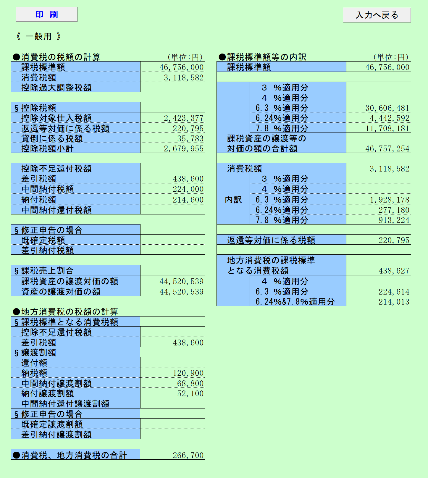 消費税実額計算 旧税率・10%の場合 一般用試算結果