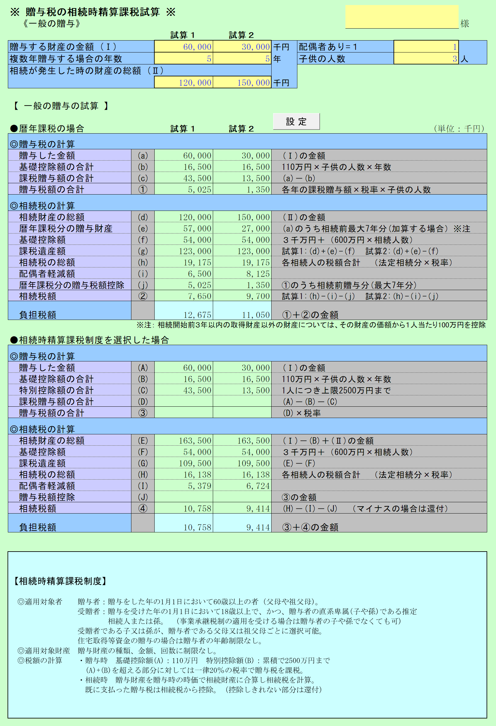 一般の贈与の試算 入力画面